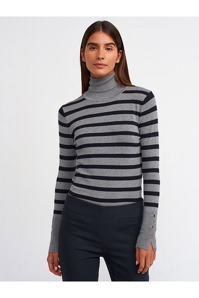 Dilvin 10432 Turtleneck Striped Durop Sweater-Smoke-Black