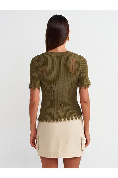 Dilvin 10555 Crew Neck Ripped Detailed Knitwear Sweater-Khaki