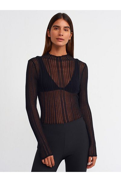 Dilvin 10497 Pulover cu guler negru cu nervuri transparent