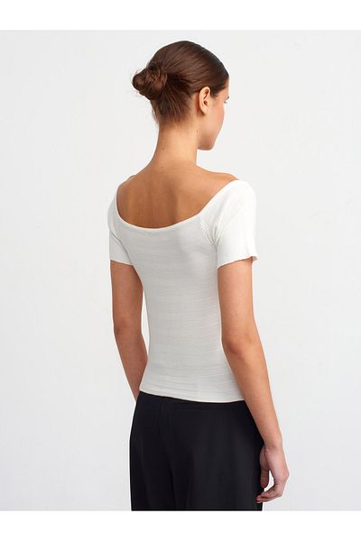 Dilvin 10528 Model Bardot Collar Knitwear Blouse - Ecru