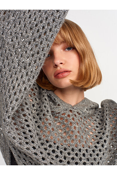 Dilvin 10454 Κουκούλα Glitter Κιμονό πουλόβερ-γκρι-ασημί