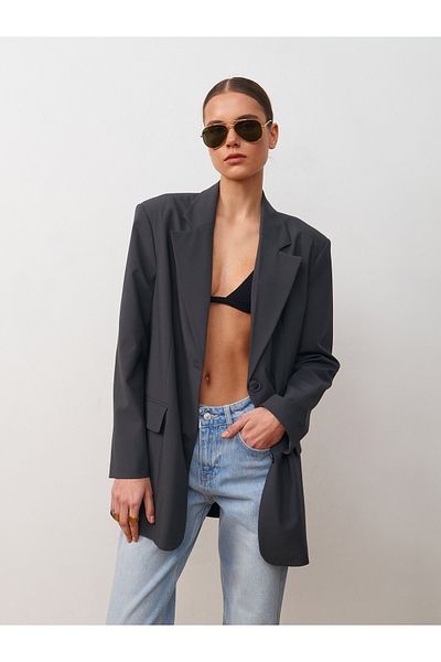 Dilvin 60729 Oversize Blazer Jacket-Grey