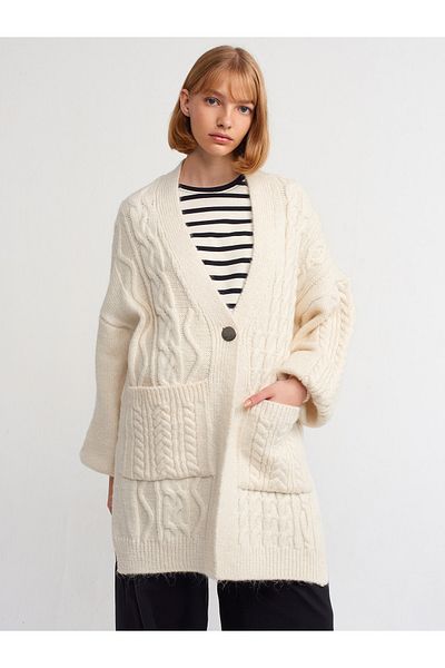 Dilvin 60194 Tricotaj cu decolteu în V cu un singur buton pentru buzunar Cardigan-crem