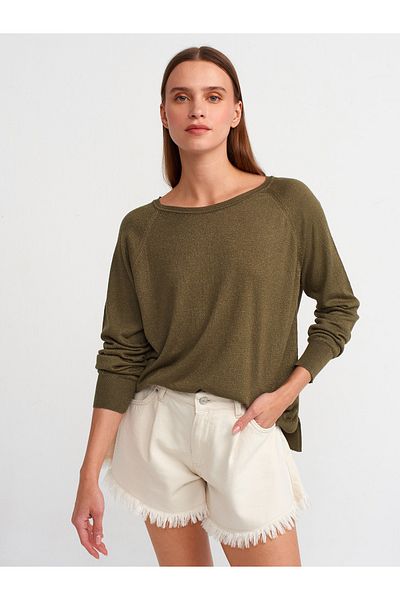 Dilvin 10557 Khaki Glittered Crew Neck Thin Knitwear Sweater