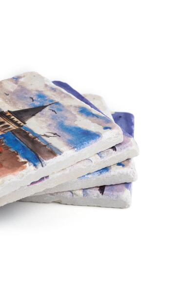 Anadolia Set of 4 Wooden Coasters for Galata Tower and Maiden's Tower - Travertine