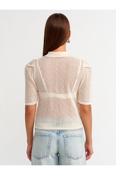 Dilvin 60240 Polo Collar Knitwear Cardigan - Buttoned and Openwork Lacing Detail, Ecru