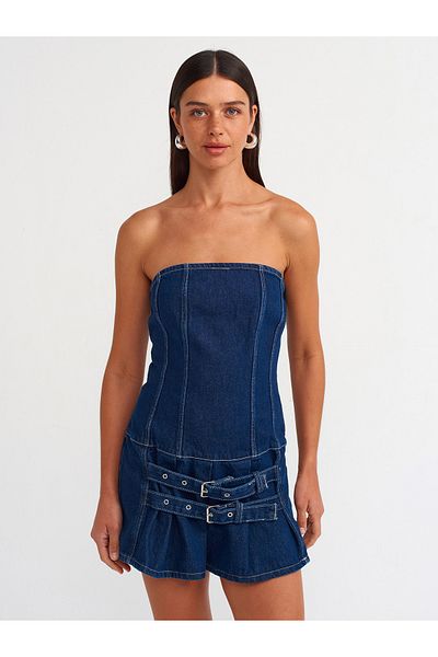 Dilvin 90543 Model Mini Navy Blue Denim Dress