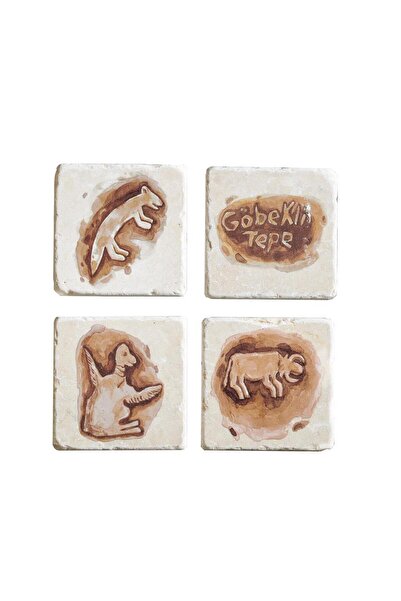 Anadolia Göbeklitepe Serisi Özel Ahşap Kutulu 4'lü Traverten Bardak Altlığı