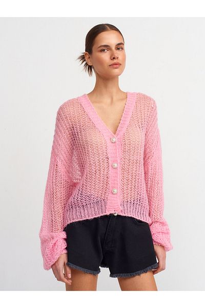 Dilvin 60223 V-Neck Openwork Buttoned Knitwear Cardigan-Pink