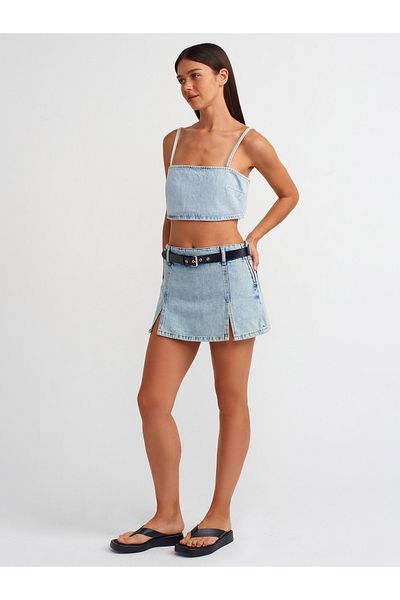 Dilvin 71496 Fustă cu pantaloni scurți din denim albastru - Despicat în față