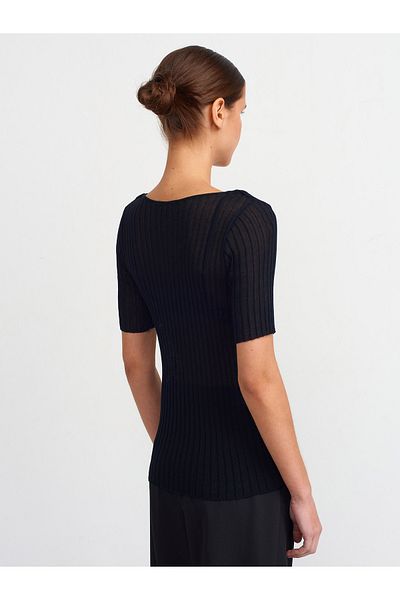 Dilvin 10519 Bluză din tricotaje transparente cu nervuri-negru