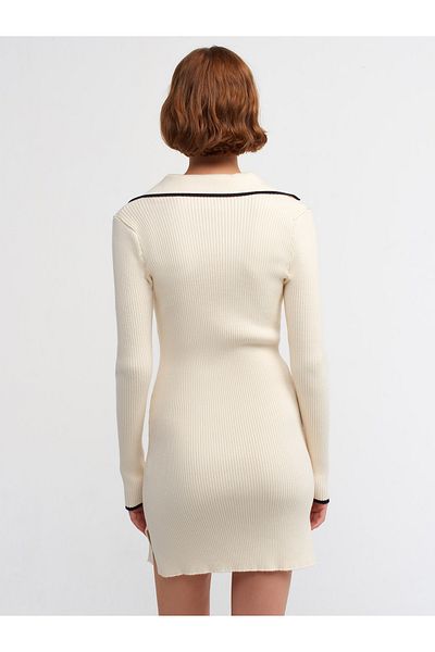 Dilvin 90159 Cream-Black Polo Collar Knitwear Dress