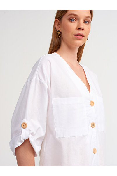 Dilvin 50302 Πουκάμισο Oversize Epaulette-λευκό