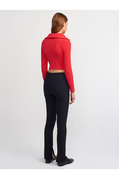 Dilvin 71244 Ornamental Stitched High Waist Trousers-Black