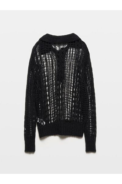 Dilvin 10624 Model Polo Collar and Stone Buttoned Black Openwork Knitwear Sweater