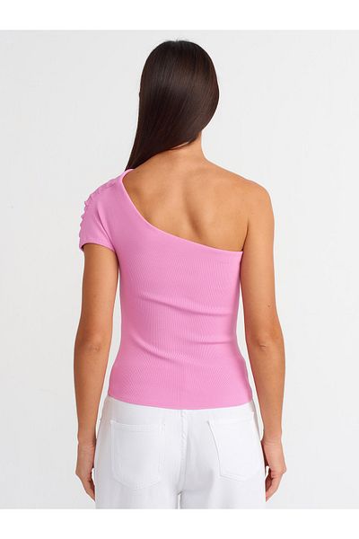 Dilvin 10597 Pink Asymmetrical Draped Knitwear Blouse
