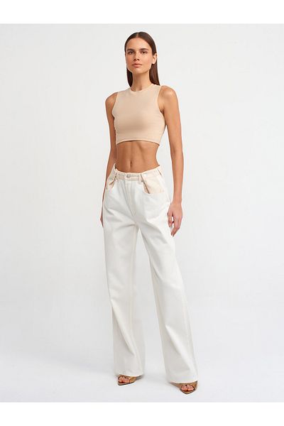Dilvin 71443 Belt Section Ecru White Denim Trousers-White