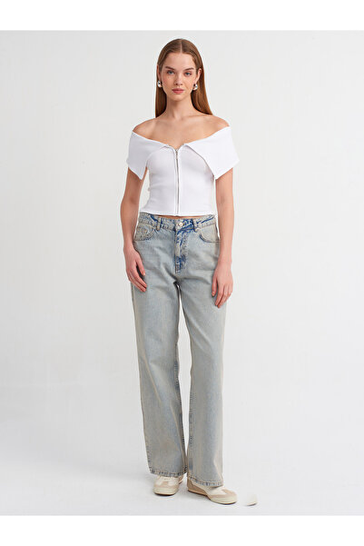 Dilvin 30748 Λεπτομερές φερμουάρ εκτός ώμου, λευκό