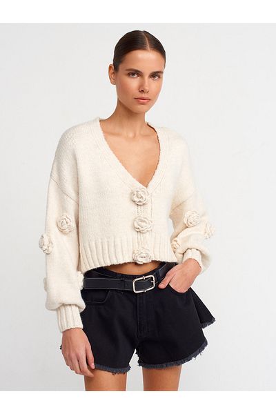 Dilvin 60216 Model V-neck Rose Embroidered Balloon Sleeve Knitwear Cardigan - Ecru