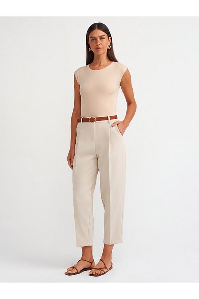 Dilvin 71533 Pantaloni morcovi cu centură de culoare piatră