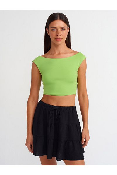 Dilvin 20869 Crop top cu gât barcă verde deschis