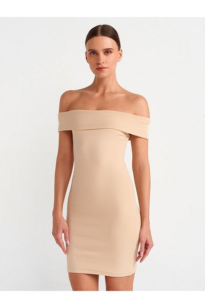 Dilvin 91102 Μίνι Φόρεμα Off Shoulder-Μπεζ ανοιχτό