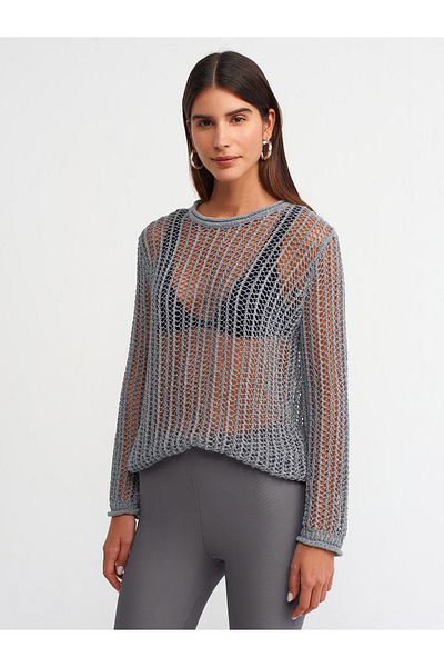 Dilvin 10537 Crew Neck Openwork Transparent Sweater-Grey