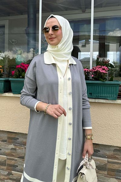 Rabia Şamlı Γκρι Ζακέτα με ριγέ πλεκτό