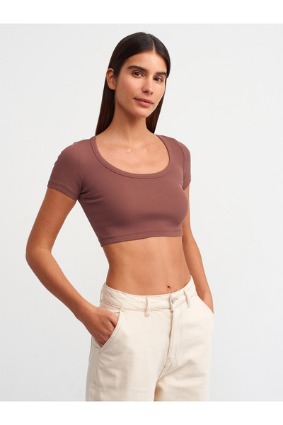 Dilvin 30876 Κοντομάνικο Crop Top-Καφέ
