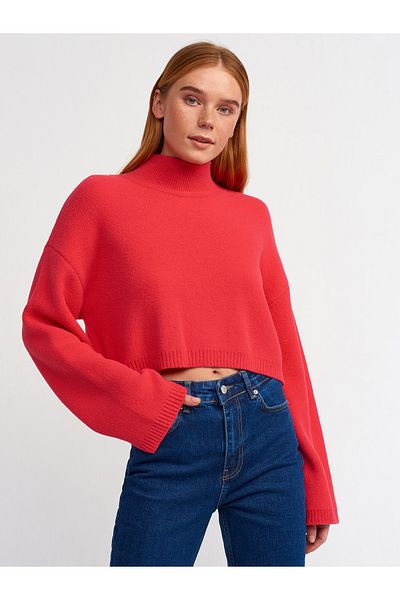 Dilvin 10483 Pulover crop cu guler cu textura moale-roșu