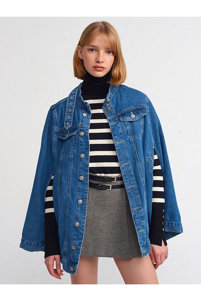 Dilvin 65338 Guler Secțiune Cataramă Poncho Denim-Albastru
