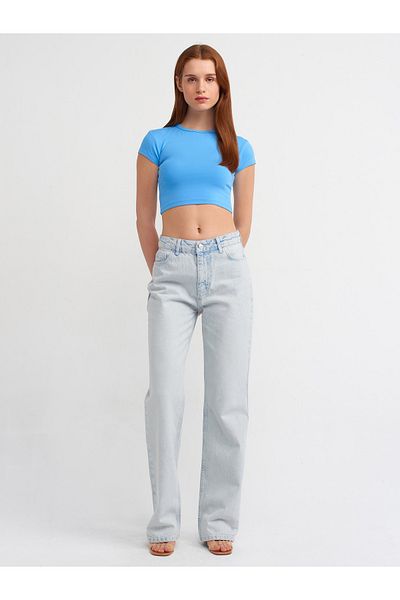 Dilvin 71455 Pantaloni din denim cu talie joasă din țesătură spartă-albastru