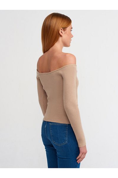 Dilvin 10503 Pulover crop cu guler Bardot-bej închis
