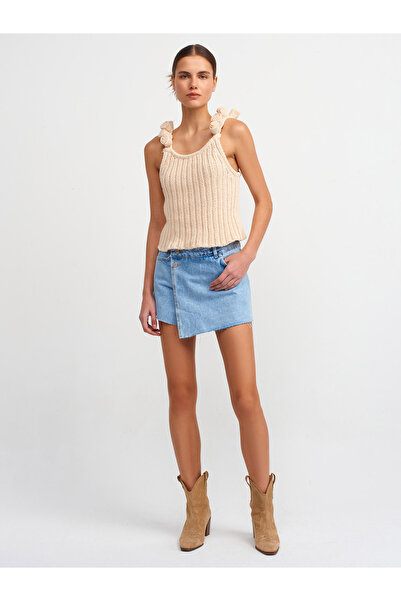 Dilvin 10524 Handcrafted Floral Detailed Knitwear Top with Straps-Natural