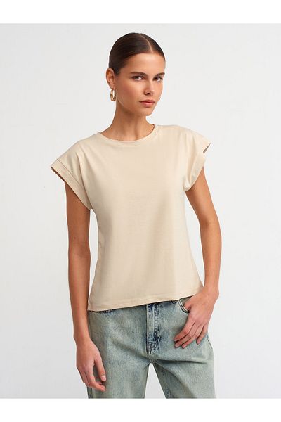 Dilvin 3504 Tricou din bumbac bej cu decolteu rotund