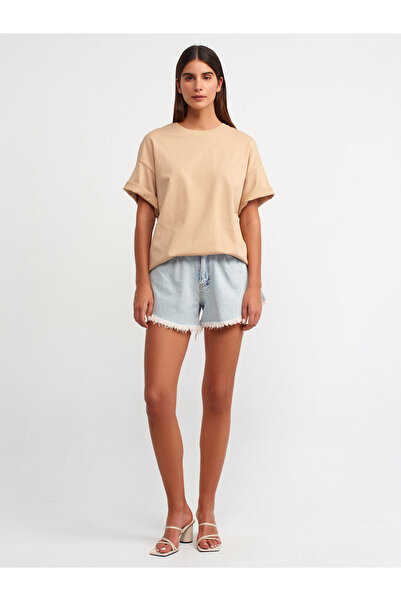 Dilvin 30310 Βαμβακερό μπλουζάκι Oversize-Μπεζ