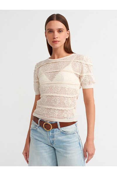 Dilvin 10580 Crew Neck Openwork Knitwear Blouse-Ecru