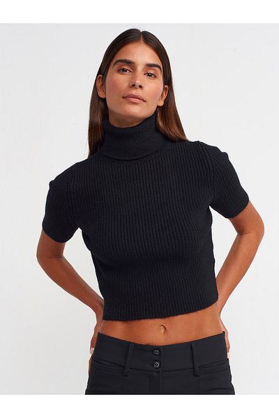 Dilvin 10487 Pulover crop cu mânecă scurtă cu nervuri, negru