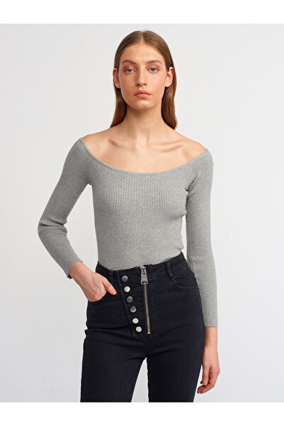 Dilvin 10503 Bardot Ovratnik Rebrasto Skraćeni kroj Džemper-Siva