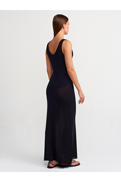 Dilvin 90220 Oval Yaka Transparan Triko Elbise-Siyah