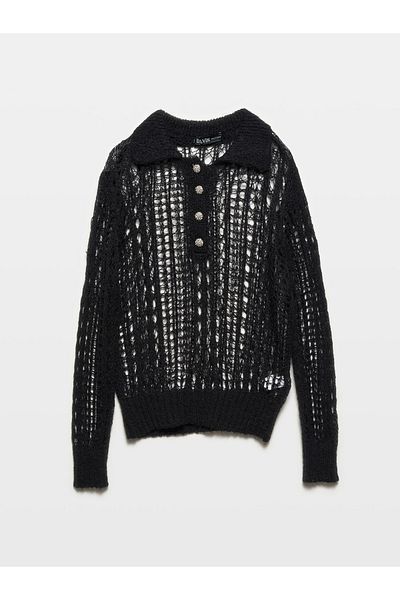 Dilvin 10624 Model Polo Collar and Stone Buttoned Black Openwork Knitwear Sweater
