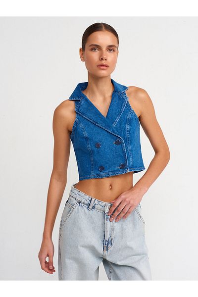 Dilvin 50714 Vestă scurtă din denim cu guler dublu-albastru