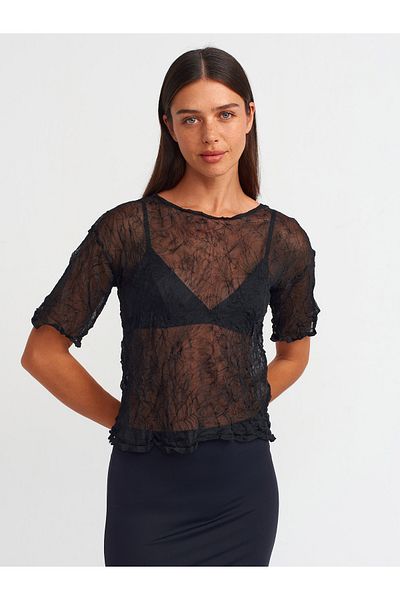Dilvin 10592 Model - Wrinkled Look Black Transparent Knitwear Blouse
