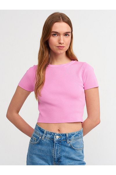 Dilvin 10357 Pulover crop cu mânecă scurtă cu decolteu-roz