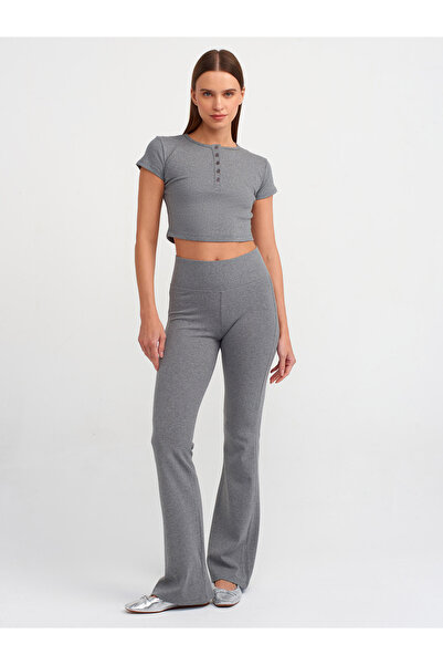 Dilvin 31022 Anthracite Crop Top - Button Detailed