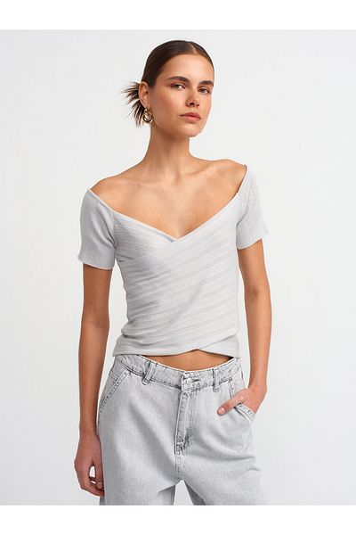 Dilvin 10528 Model Bardot Collar - Light Gray Knitwear Blouse