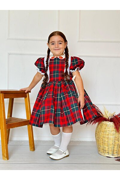 Hly Karol Tasarım Kırmızı Yakası Çiçekli Ekose Kız Bebek Elbisesi, Özel Dikim...