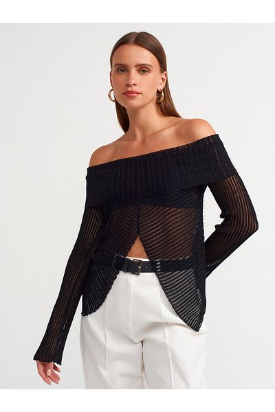 Dilvin 10585 Pulover Tricotaj Transparent Guler Bardot-Negru