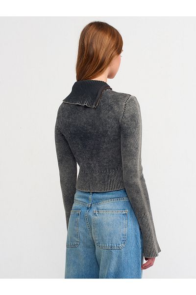 Dilvin 60213 Pale Effect Zippered Sleeve Slit Knitwear Cardigan-Anthracite
