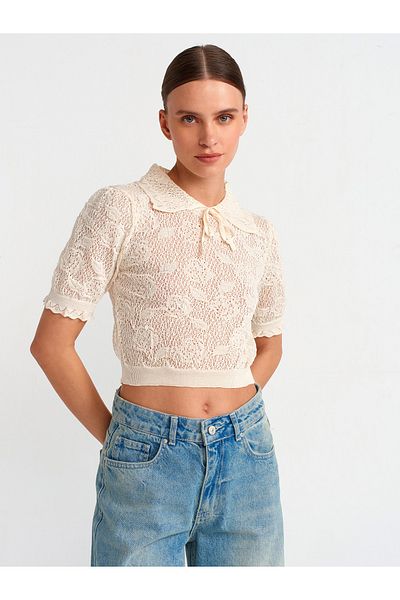 Dilvin 10576 Polo Neck Openwork Knitwear Blouse-Ecru
